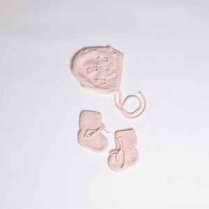 Hand knitted popcorn bonnet and booties